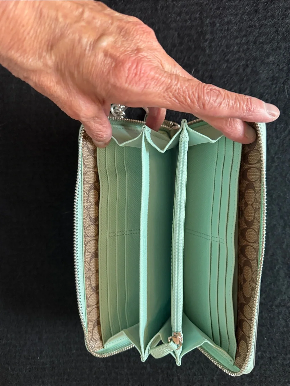 Coach Mint Green Zip-Around Card & Key Holder with Rose Gold Hardware